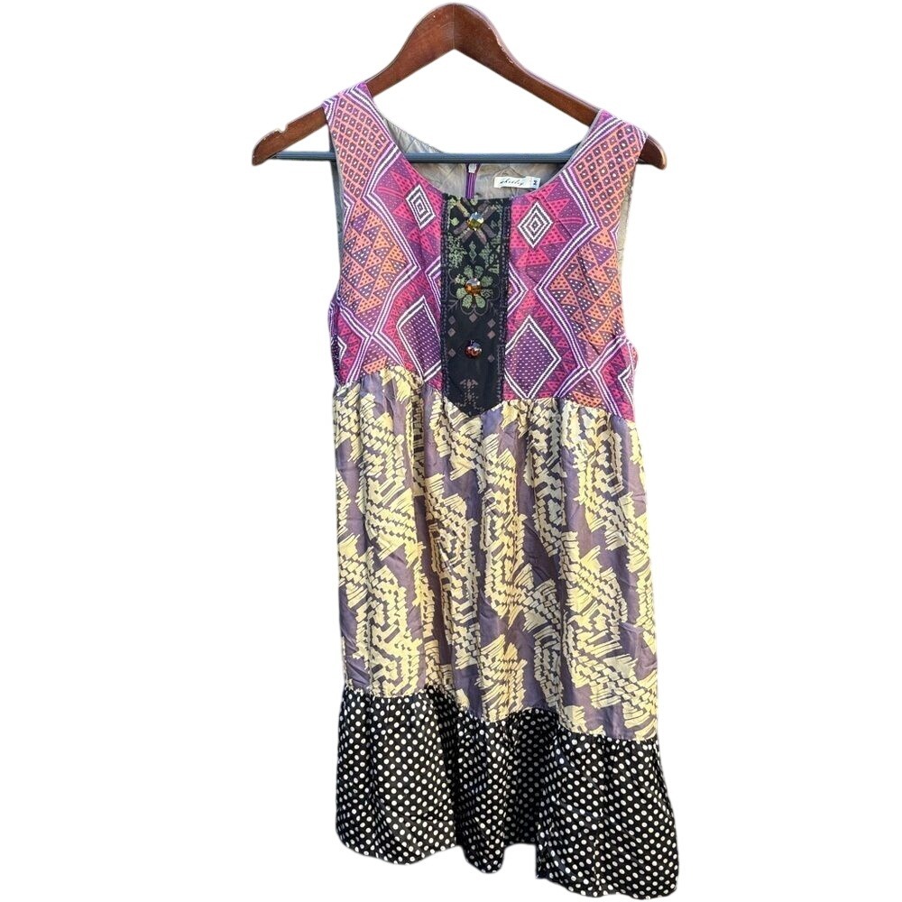 Y2K  100% Silk Colorful Patterned Midi‎ Dress Whitley Medium Artsy Relaxed Fit